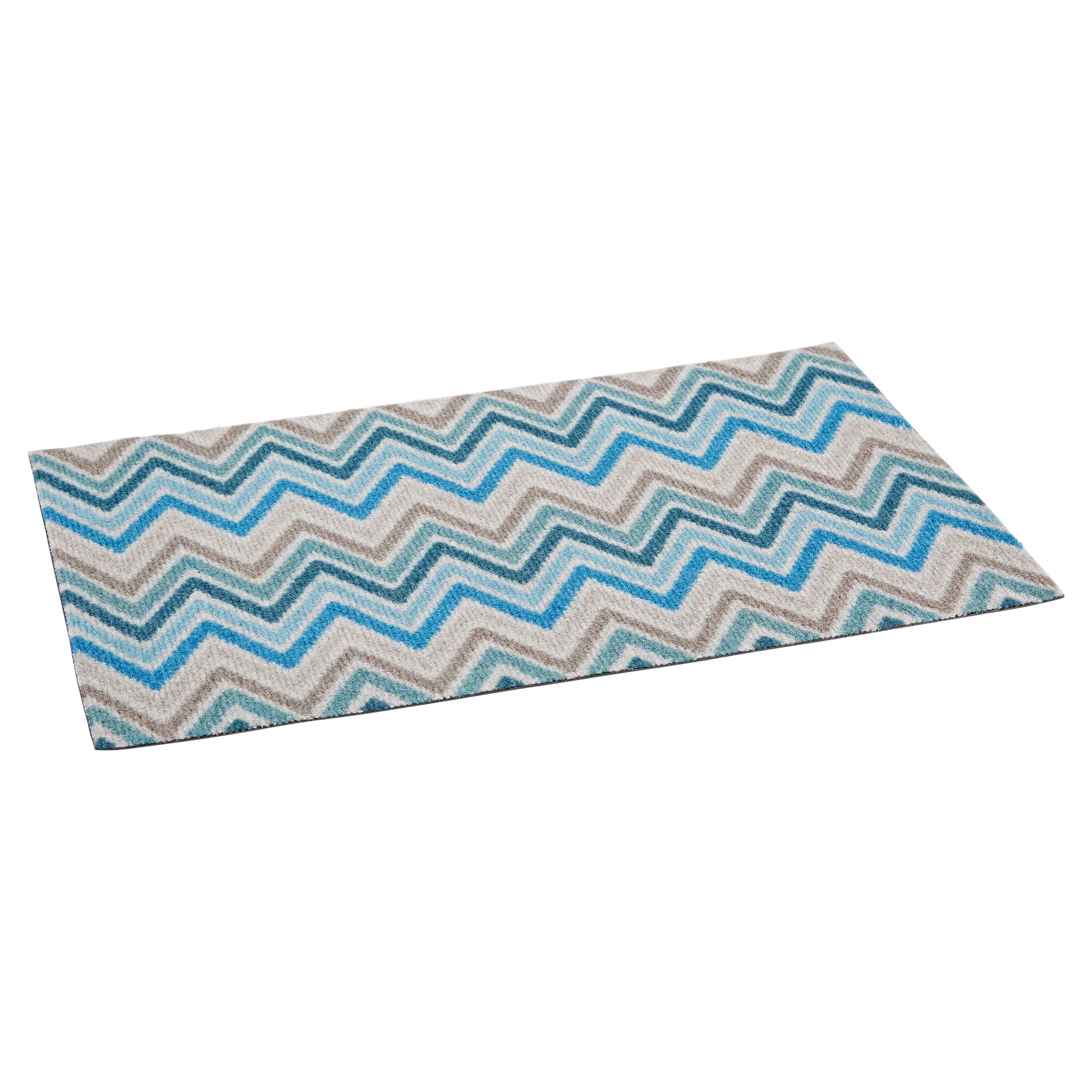 Blau-beige Sauberlaufmatte mit Zickzackmuster.