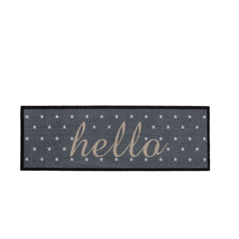 Graue Fußmatte mit Sternen und der Aufschrift "Hello"