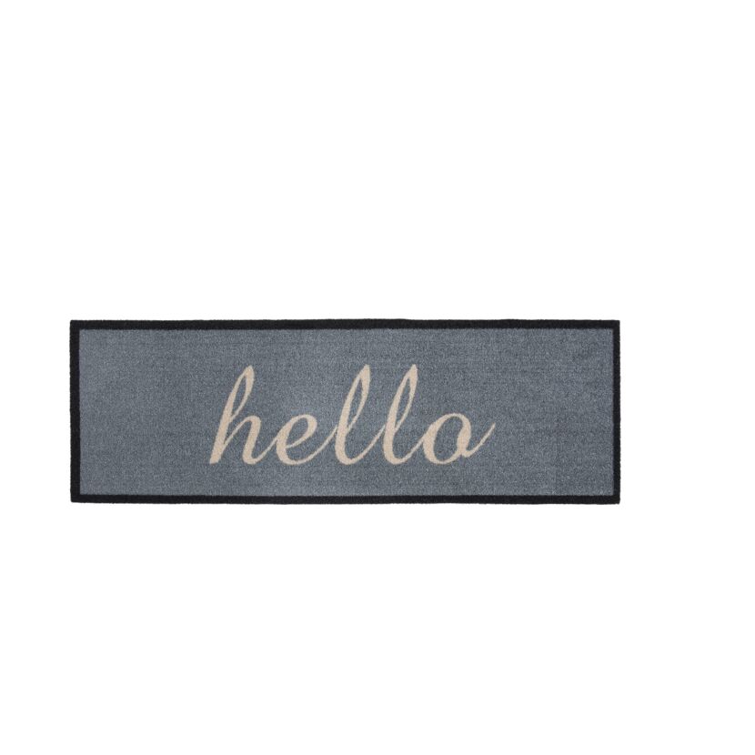 Grauer Fußabtreter mit der Aufschrift "Hello"