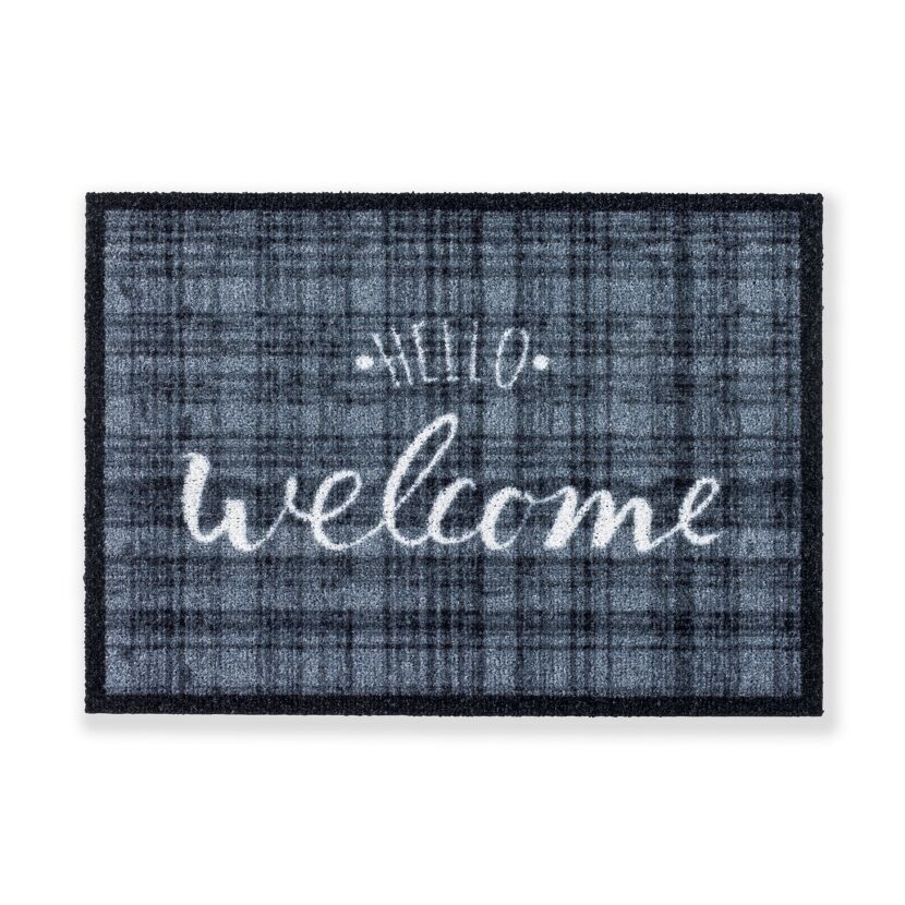 Schmutzfangmatte "Hello Welcome" in Grau und Schwarz kariert.