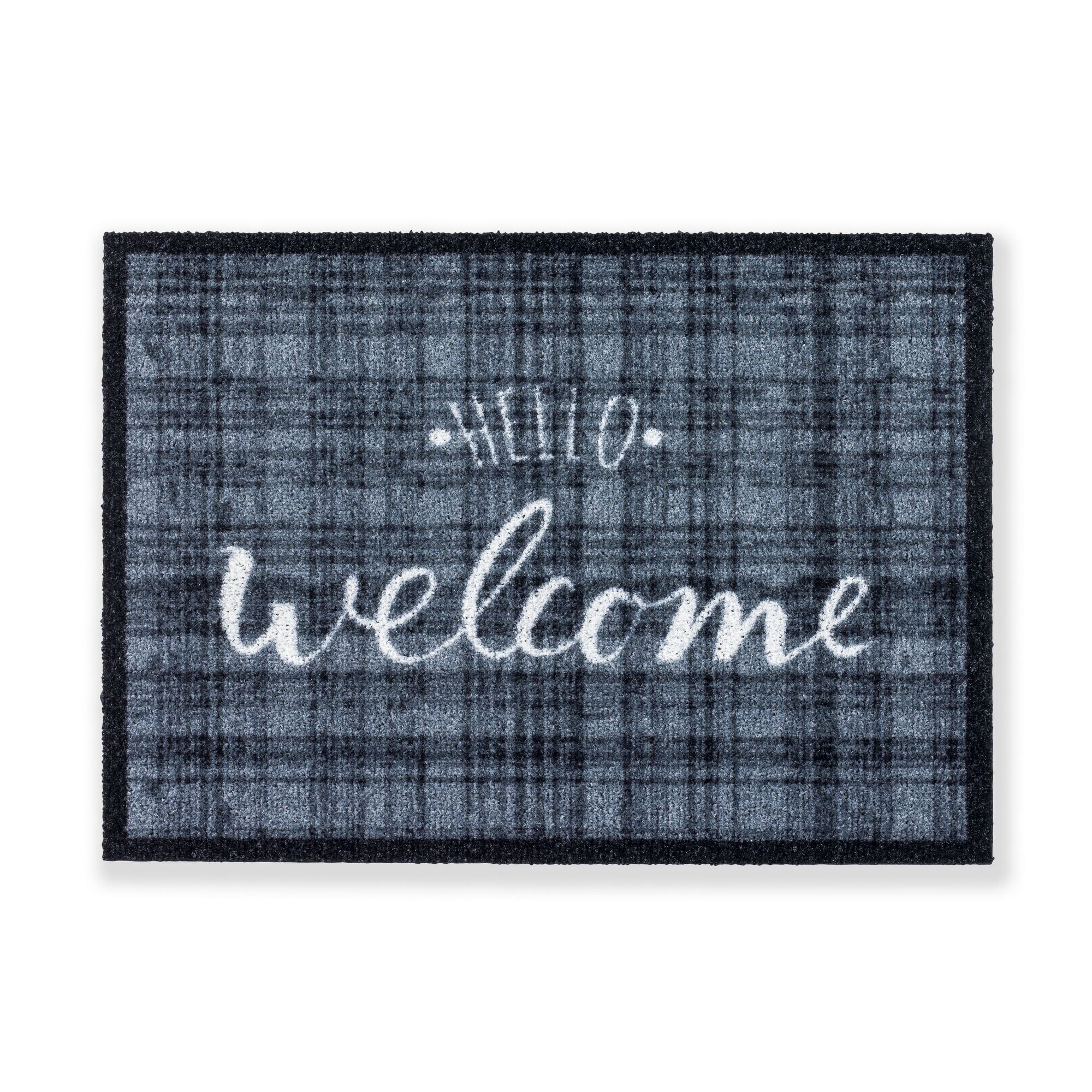 Schmutzfangmatte "Hello Welcome" in Grau und Schwarz kariert.