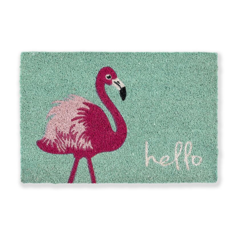 Türkises Fußmatte mit Flamingo und "hello" Schriftzug