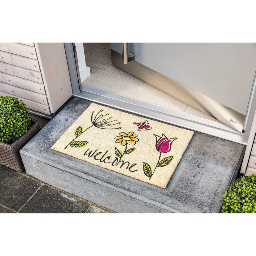 Fußmatte mit Blumenmuster und "Welcome" Schriftzug