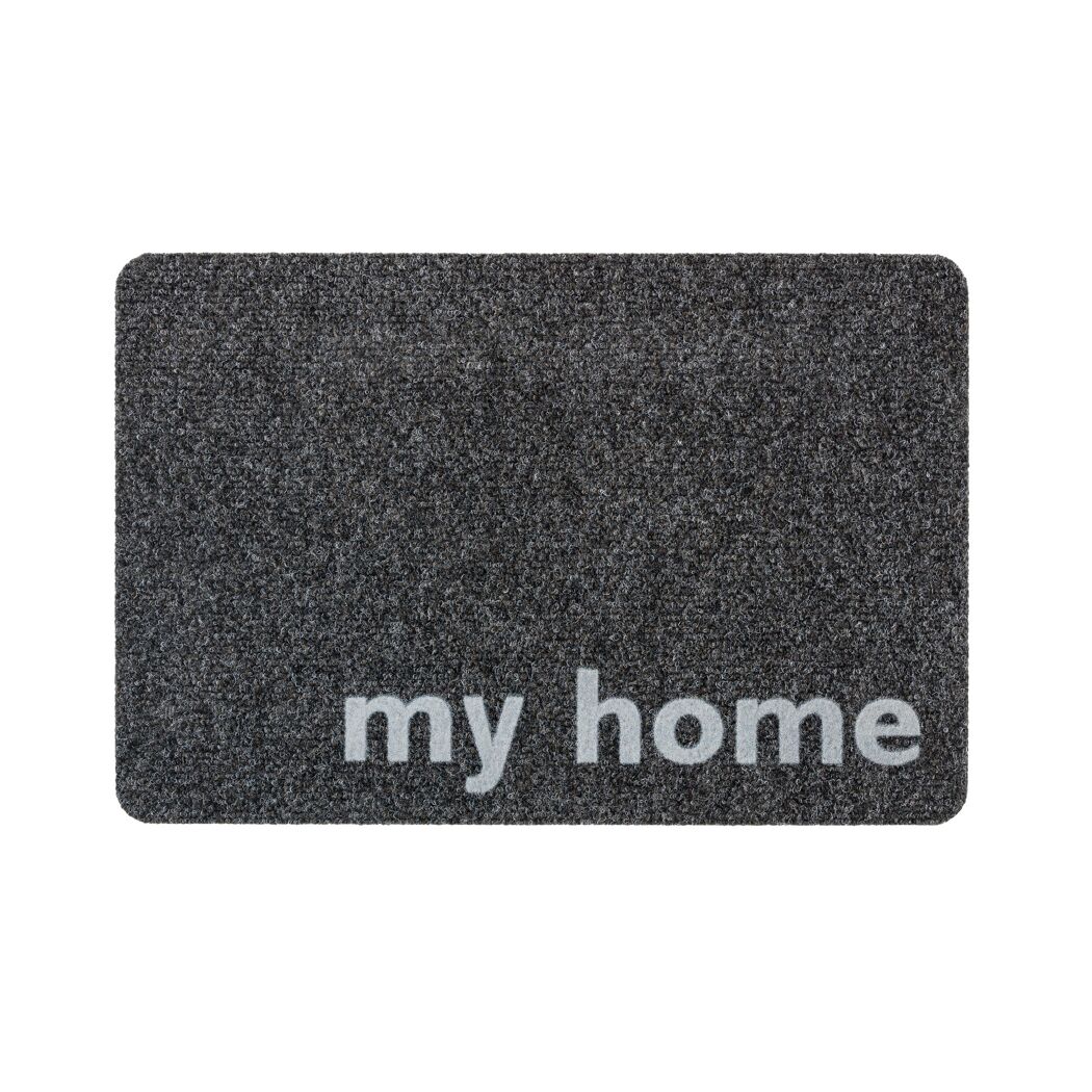 Schwarze Fußmatte mit dem Schriftzug "my home"
