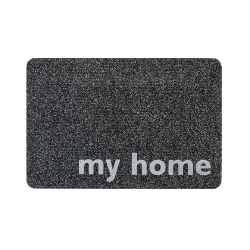 Schwarze Fußmatte mit dem Schriftzug "my home"