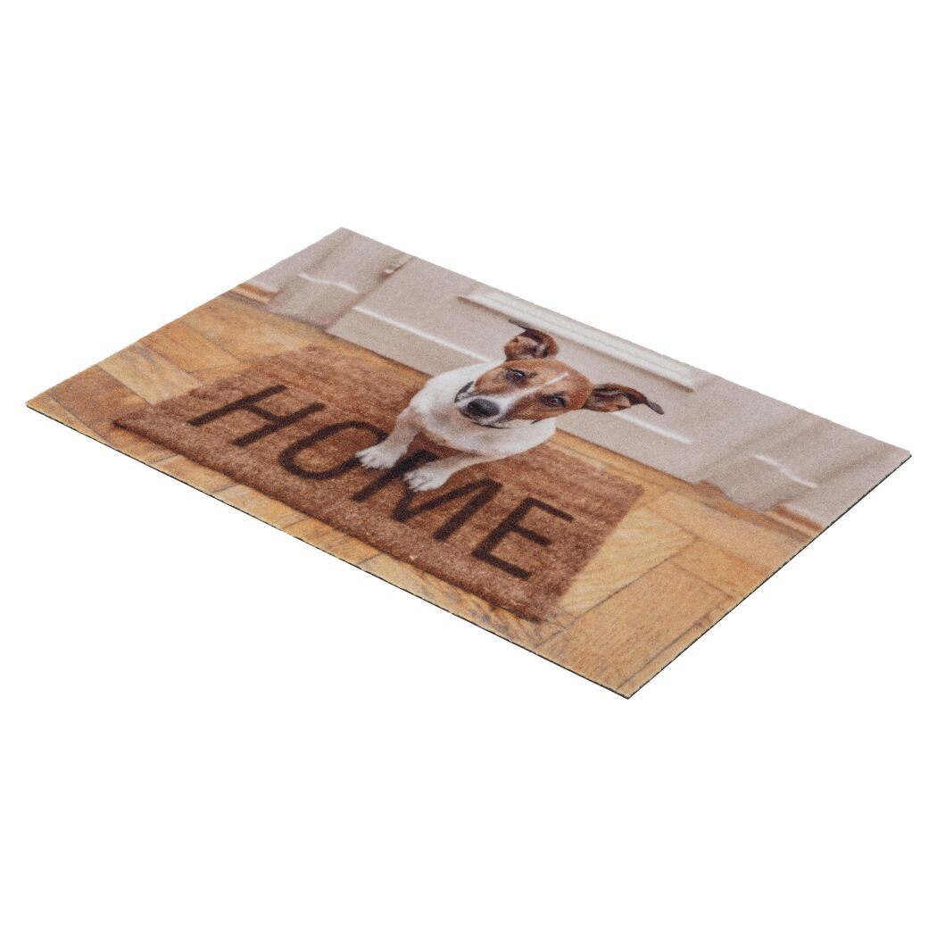 Fußmatte mit Hund und HOME-Schriftzug.
