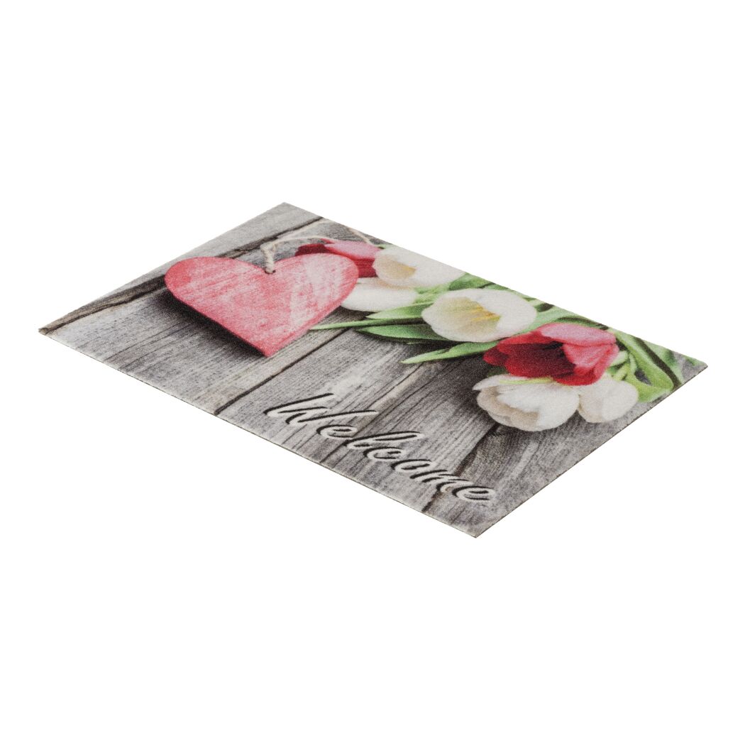 Fußmatte mit Herz und Tulpen und "Welcome" Schriftzug