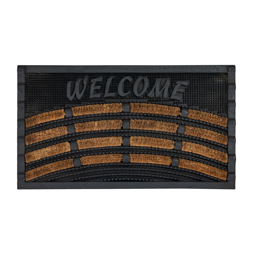 Schwarze Fußmatte "Welcome" mit braunen Borsten.