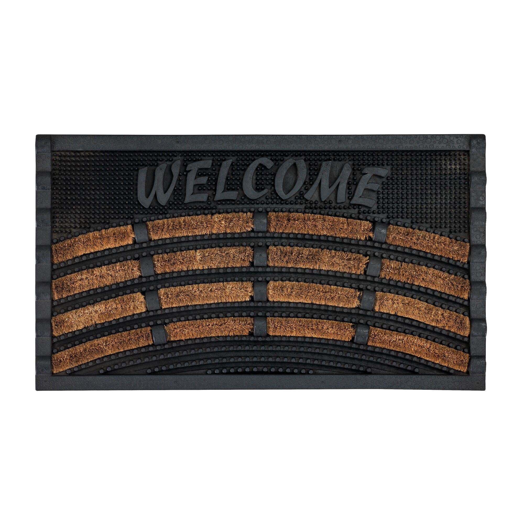 Schwarze Fußmatte "Welcome" mit braunen Borsten.