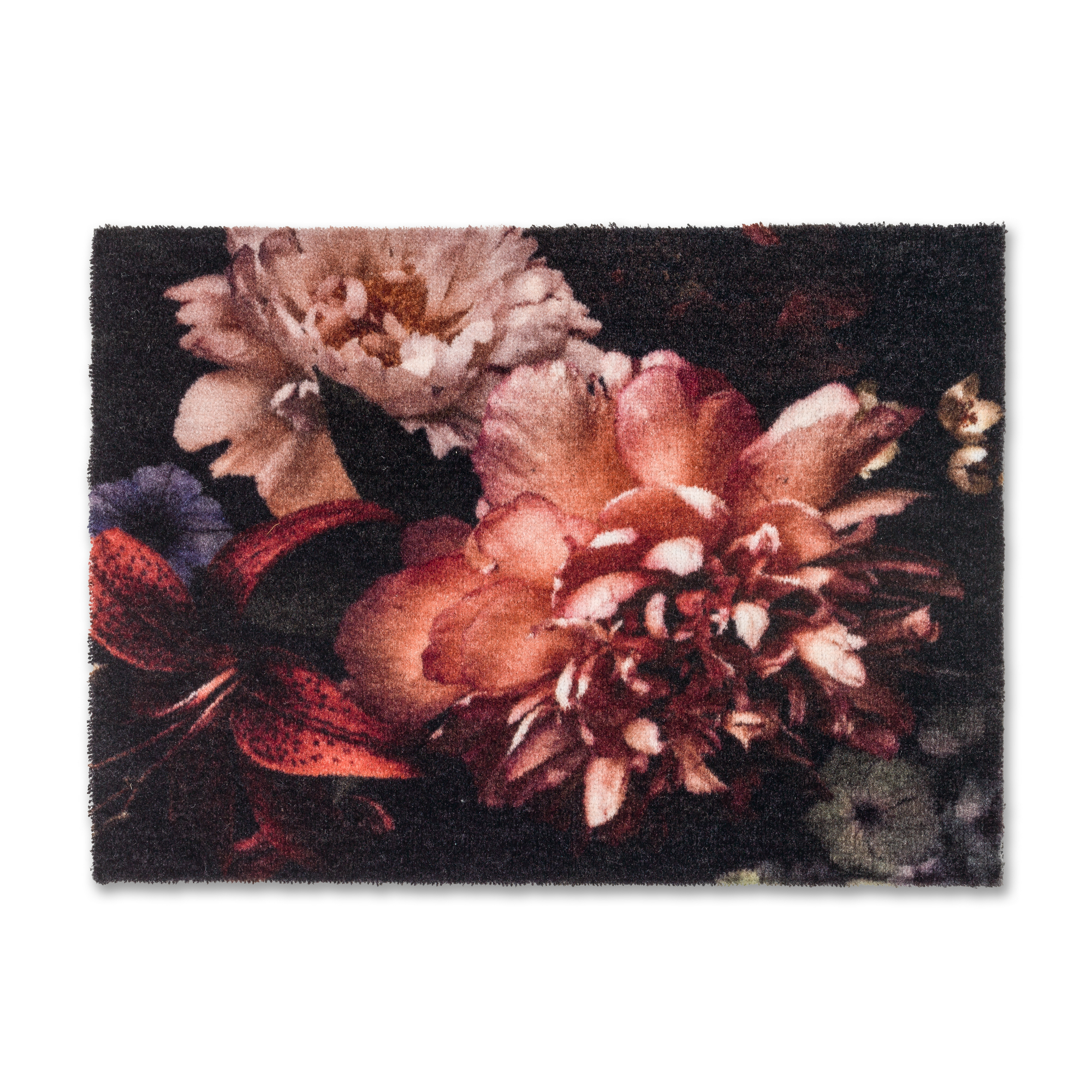 Schwarze Fußmatte mit buntem Blumenmuster