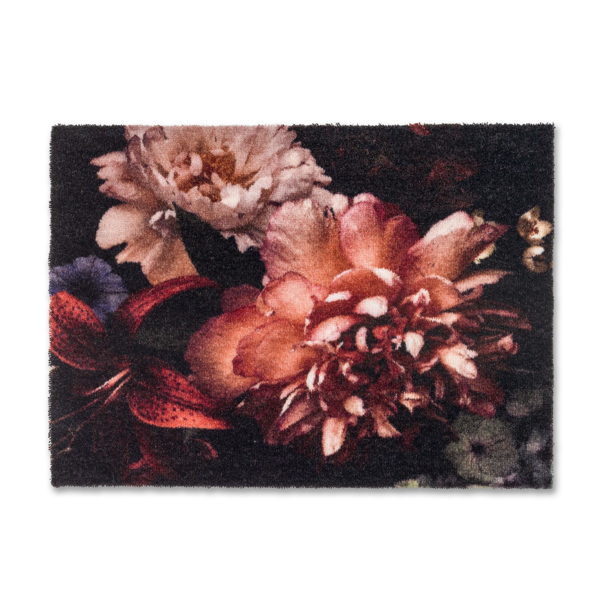 Schwarze Fußmatte mit buntem Blumenmuster