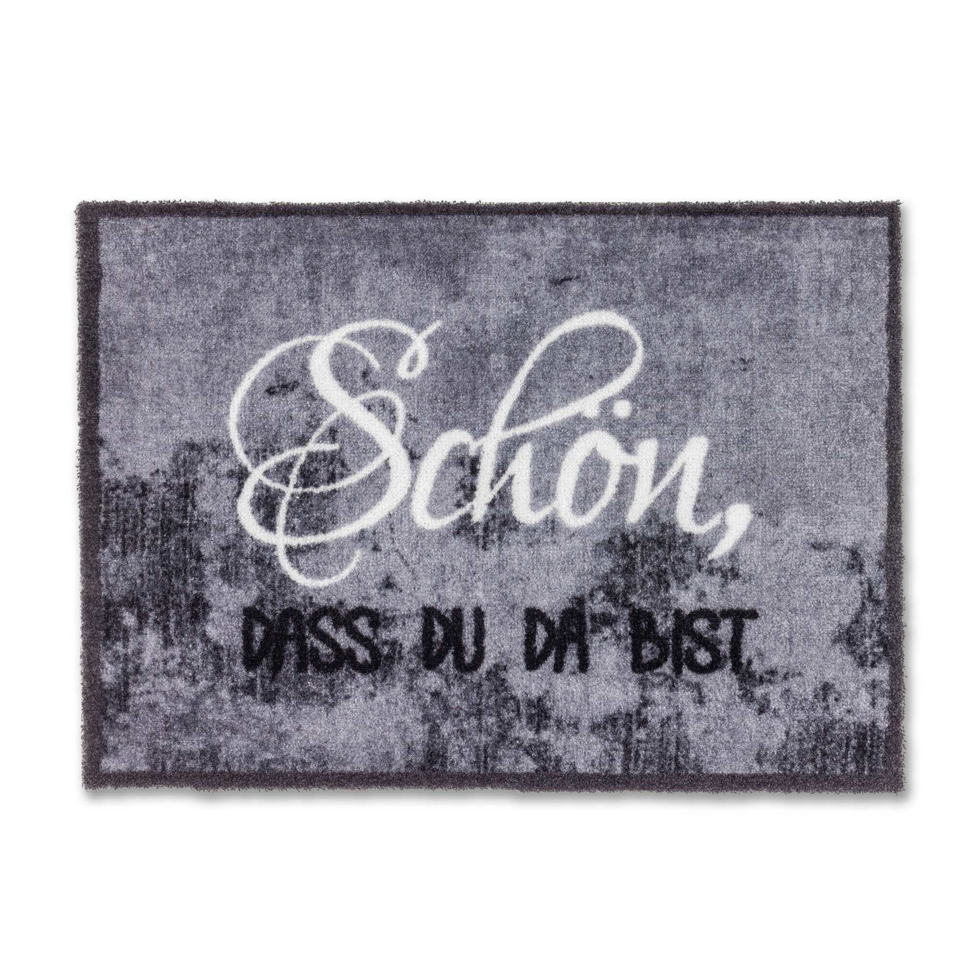 Grauer Fußabtreter mit dem Schriftzug: Schön, dass du da bist.