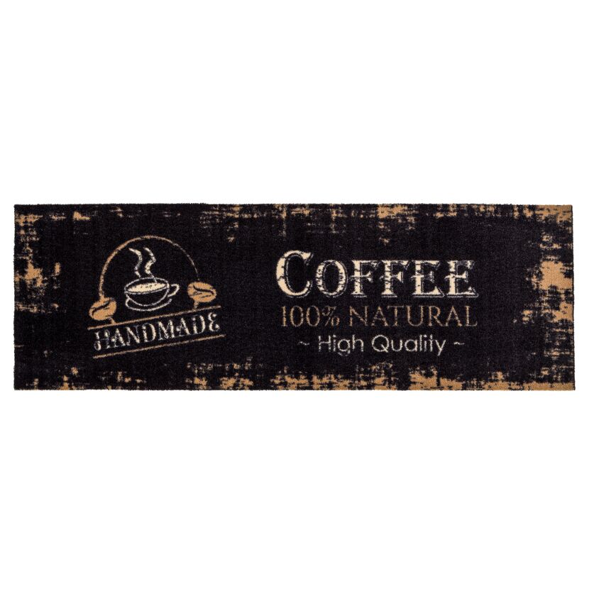 Schwarze Fußmatte mit Kaffeetasse und der Aufschrift "Coffee"