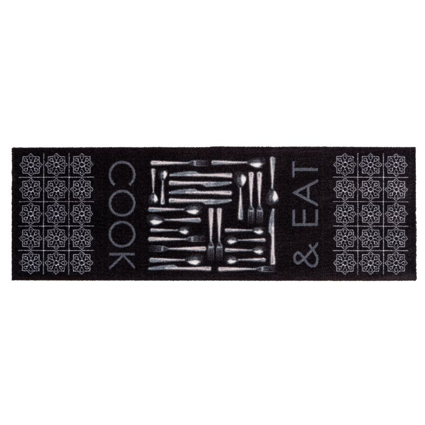 Schwarze Fußmatte mit Besteck und Schriftzug "Cook & Eat"