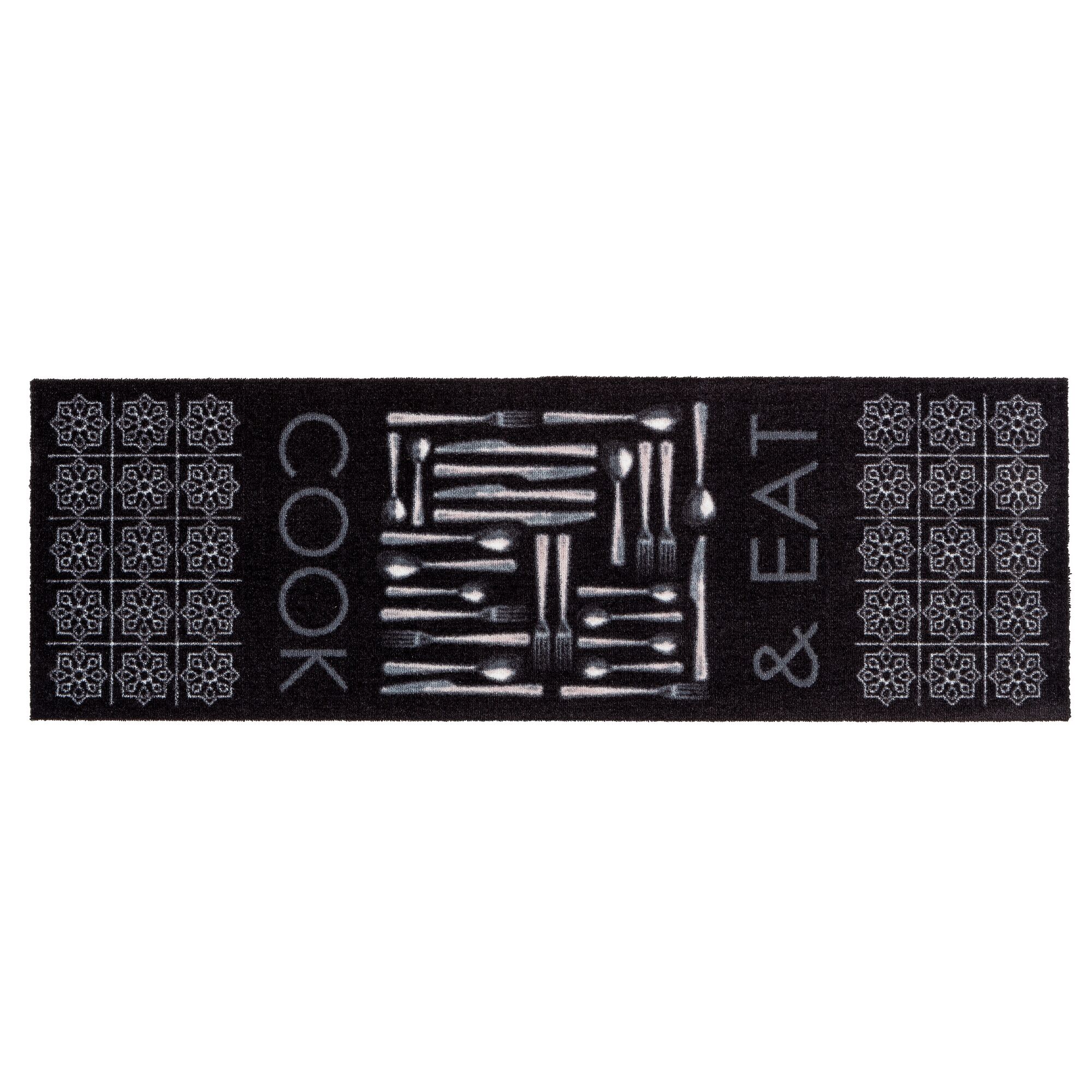 Schwarze Fußmatte mit Besteck und Schriftzug "Cook & Eat"