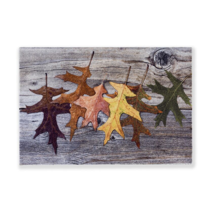 Fussmatte mit buntem Herbstlaub.