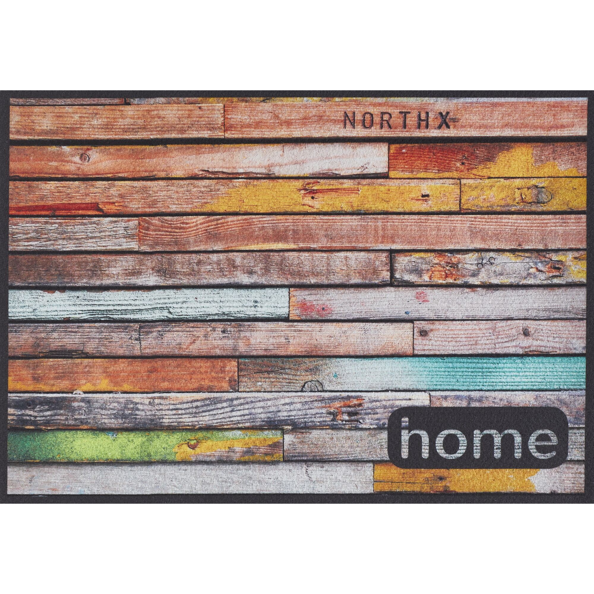 Fußmatte mit buntem Holzlattenmuster und Schriftzug 'Home'