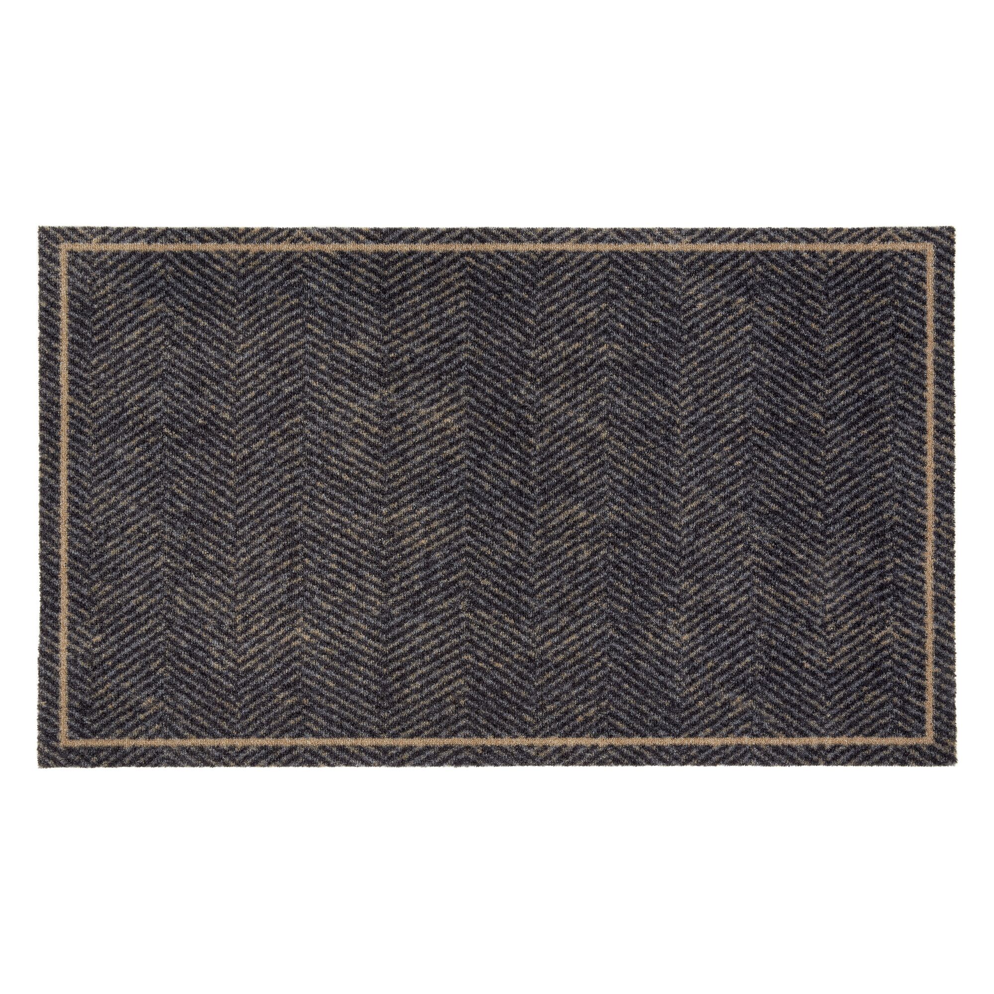 Schwarze Fußmatte mit Fischgrätmuster und beigem Rand
