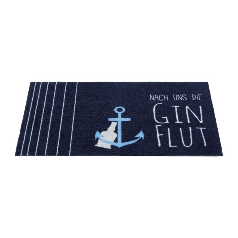 Blaue Fußmatte mit Ankermotiv und Schriftzug „Nach uns die Gin Flut“