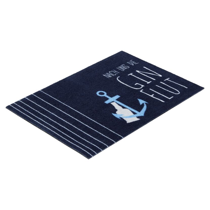 Blaue Fußmatte mit Ankermotiv und Schriftzug Gin Flut