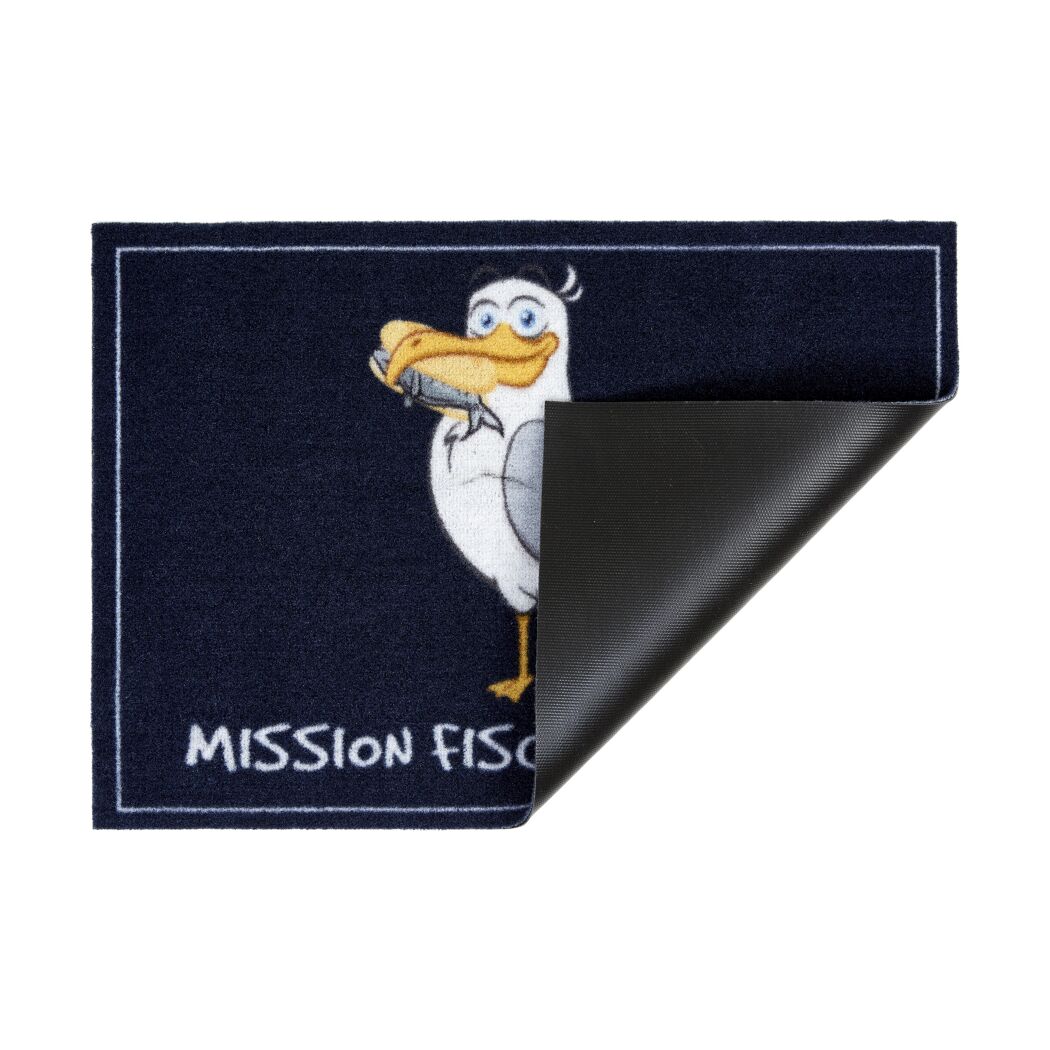 Blaue Fußmatte "Mission Fisc" mit Möwe