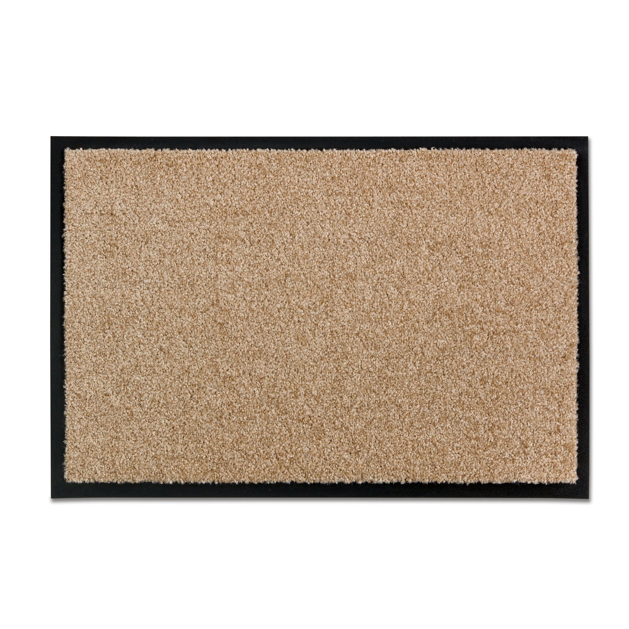 Rechteckige, beige Fußmatte mit schwarzem Rand.