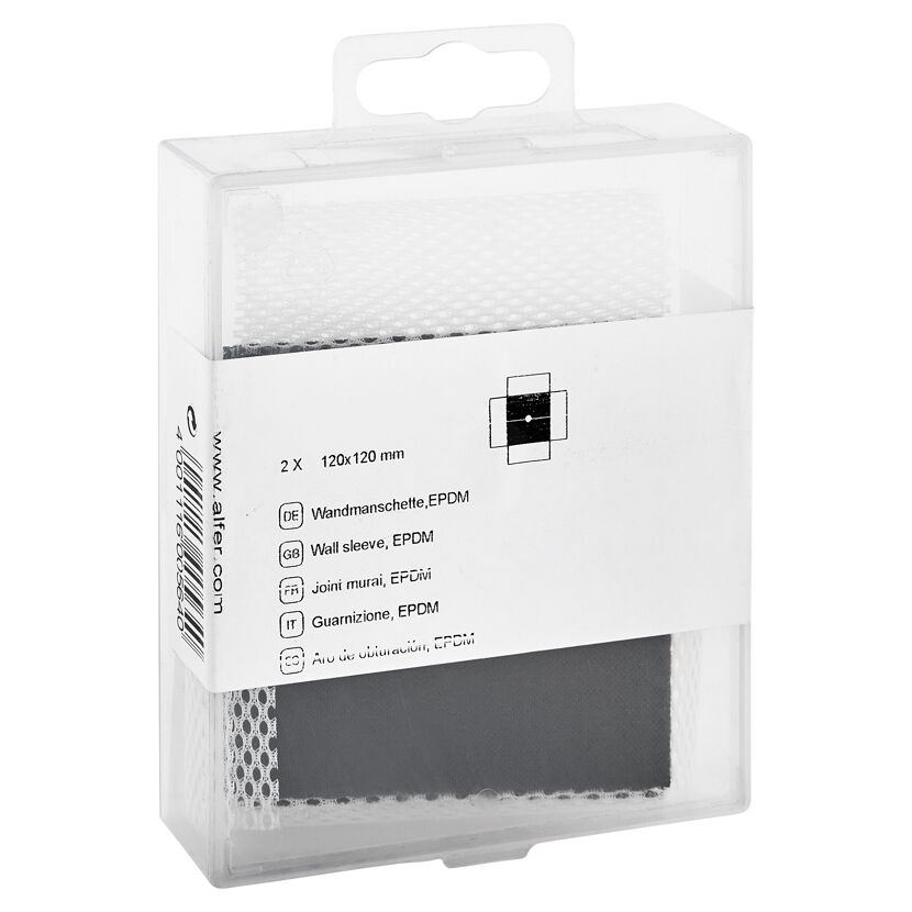 Zwei Wandmanschetten aus EPDM in durchsichtiger Verpackung