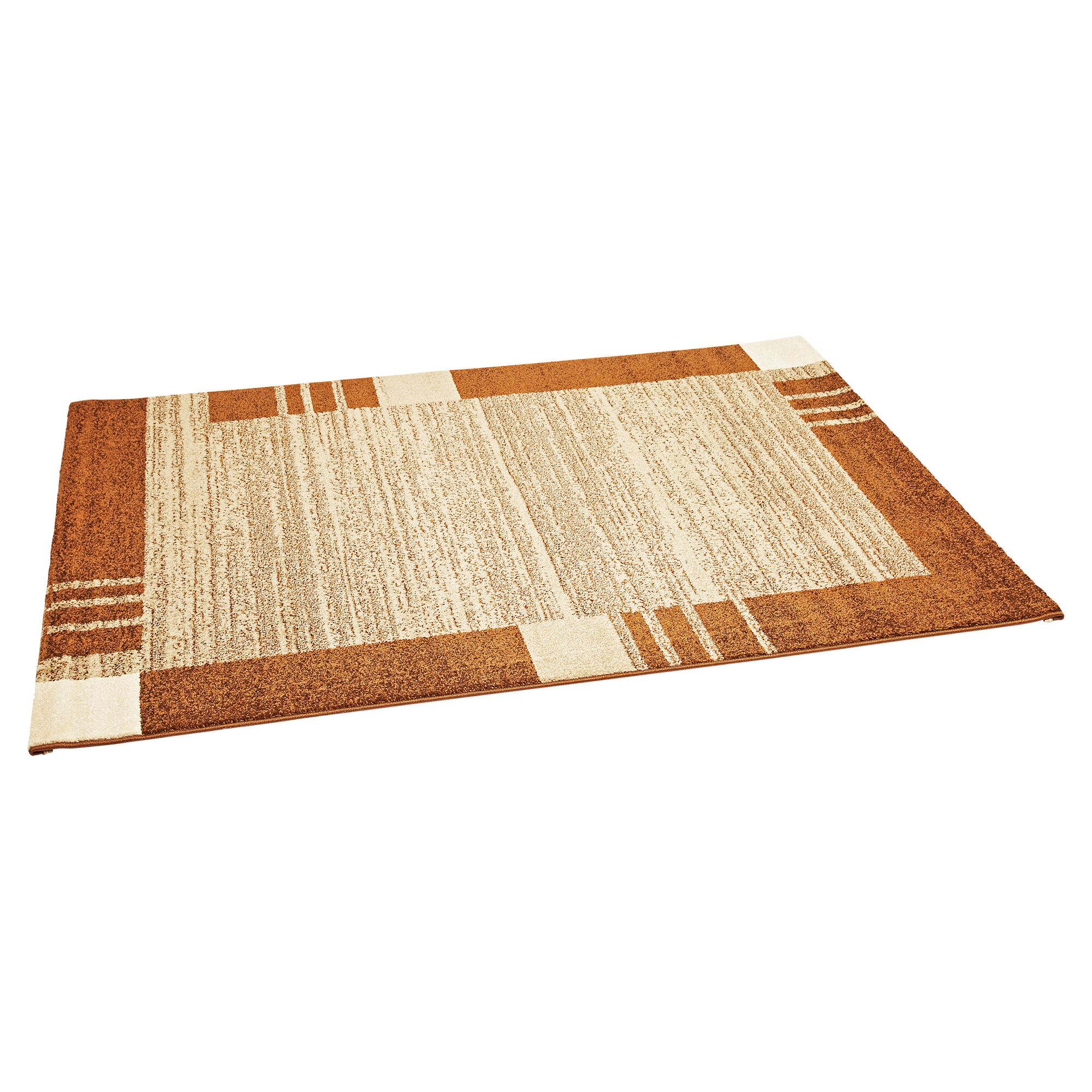 Beiger Teppich mit braunem Rand und Streifen.