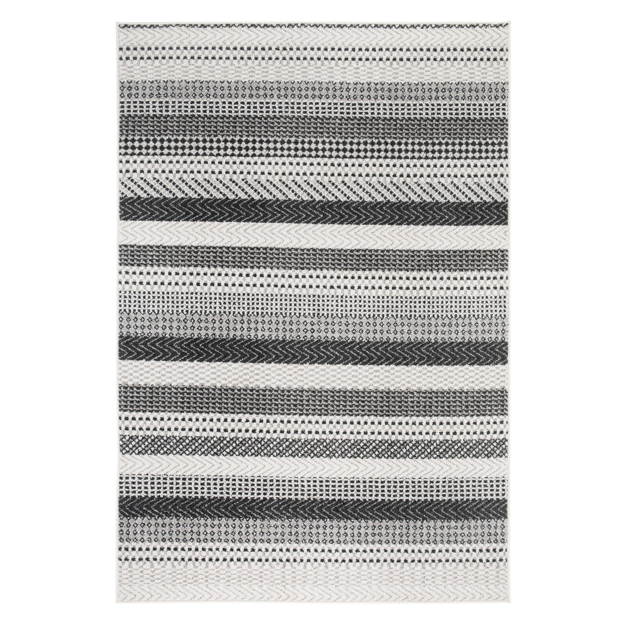 Hellgrauer Teppich mit schwarzen und dunkelgrauen Streifen und Ornamenten