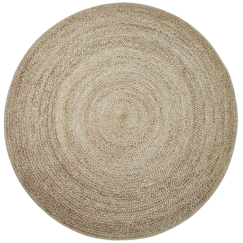 Beigefarbener, runder Teppich aus Jute.