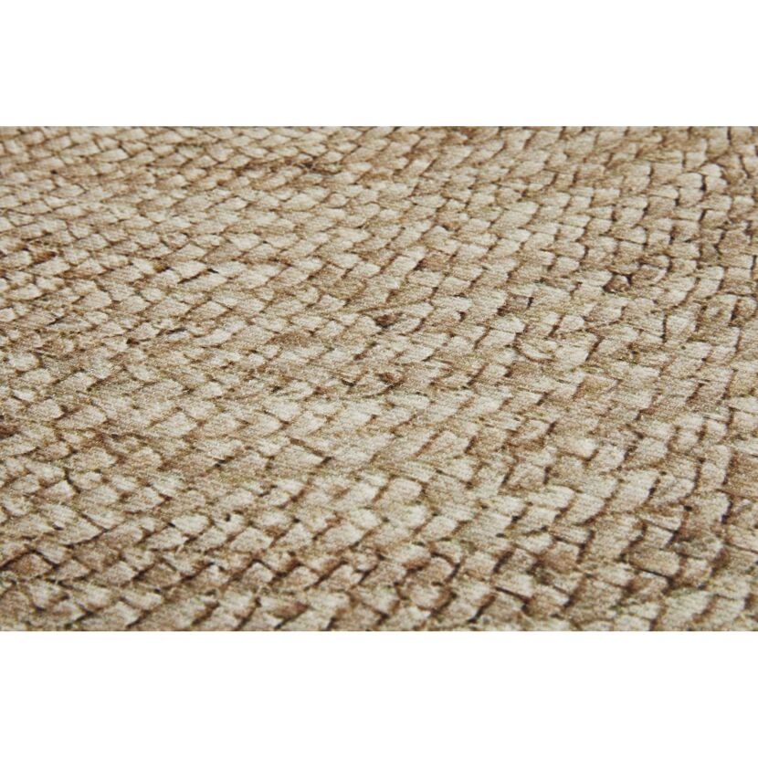 Beigefarbener, waschbarer Teppich mit Kieselsteinmuster.