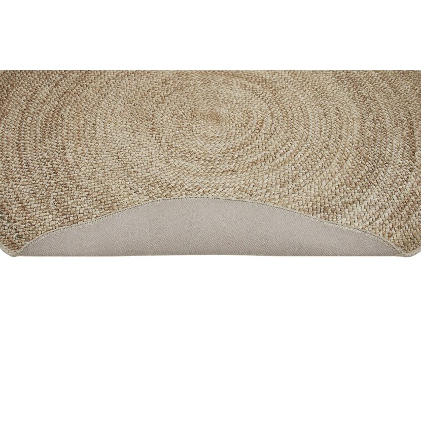 Runder, beigefarbener Teppich aus Jute.