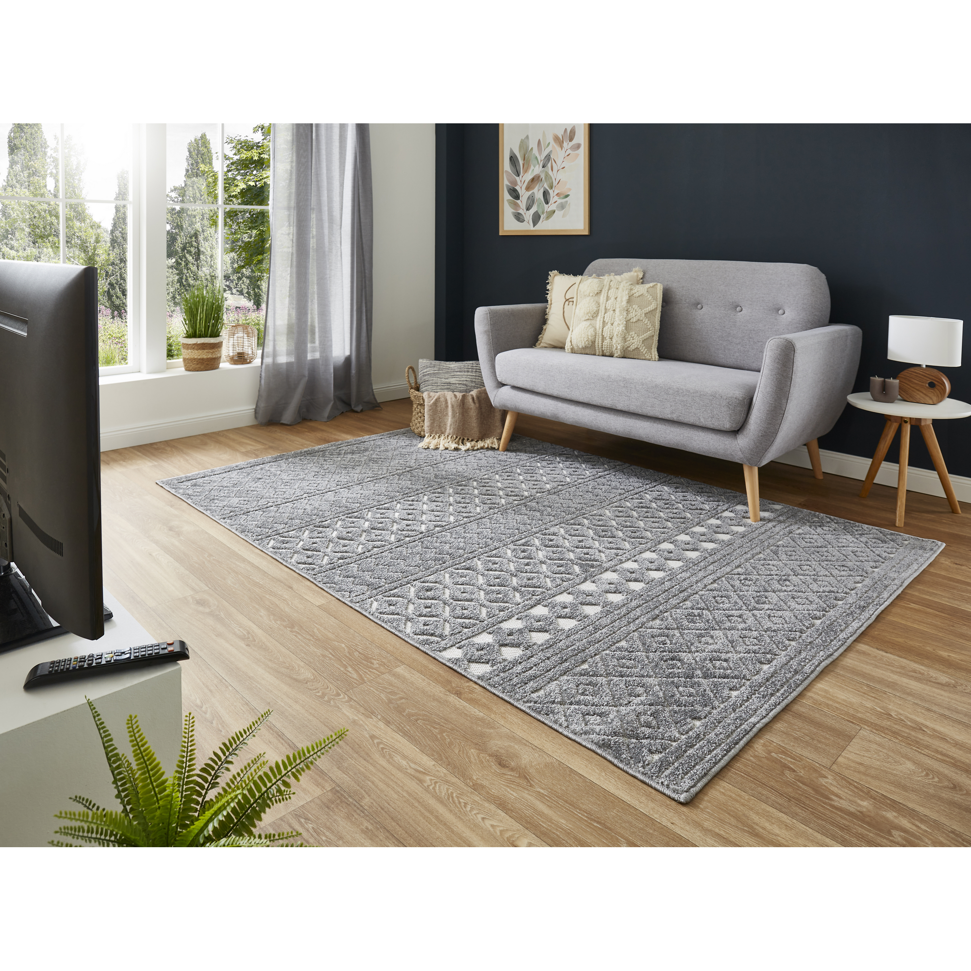 Grauer Teppich Layton mit geometrischem Muster