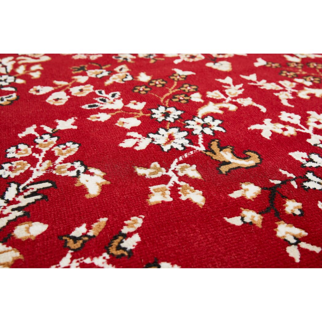 Roter Teppich 'Ottavio' mit floralem Muster in Weiß und Beige.