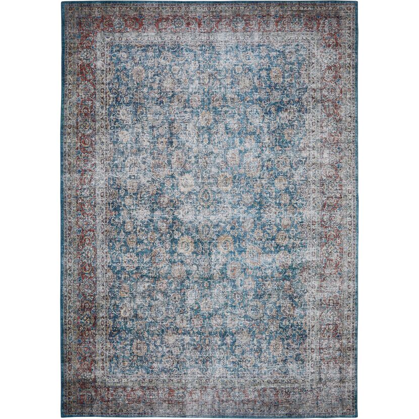Türkiser Teppich mit rotem Rand und Muster