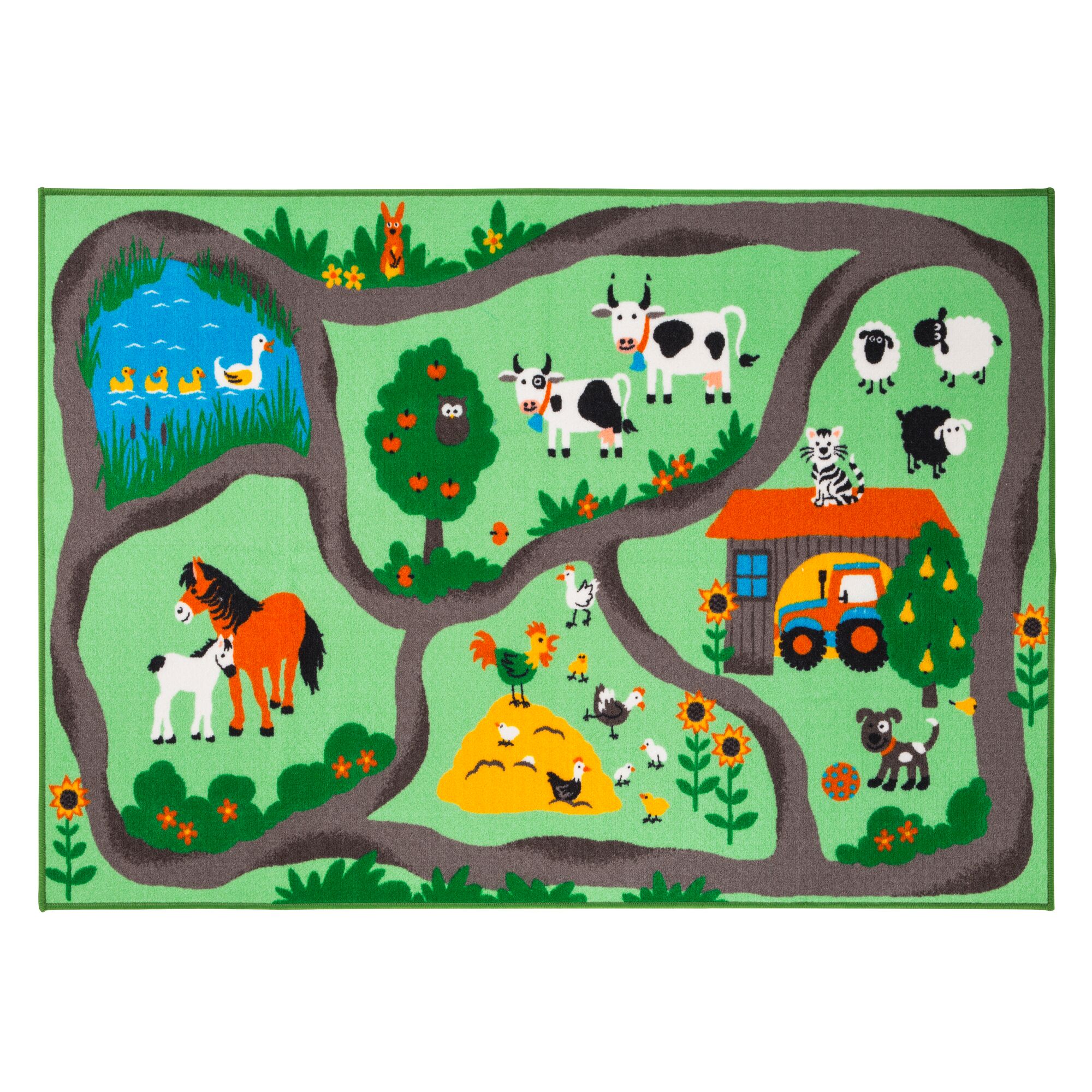 Grüner Spielteppich mit Bauernhof-Motiv.