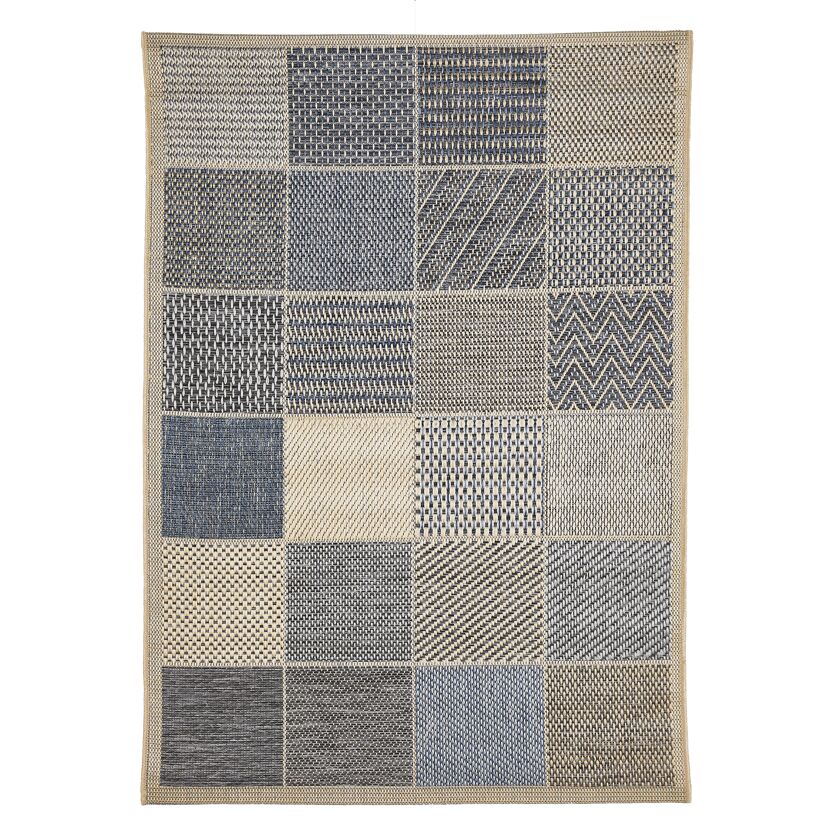 Beige-blauer Teppich Claudio mit verschiedenen Webmustern.