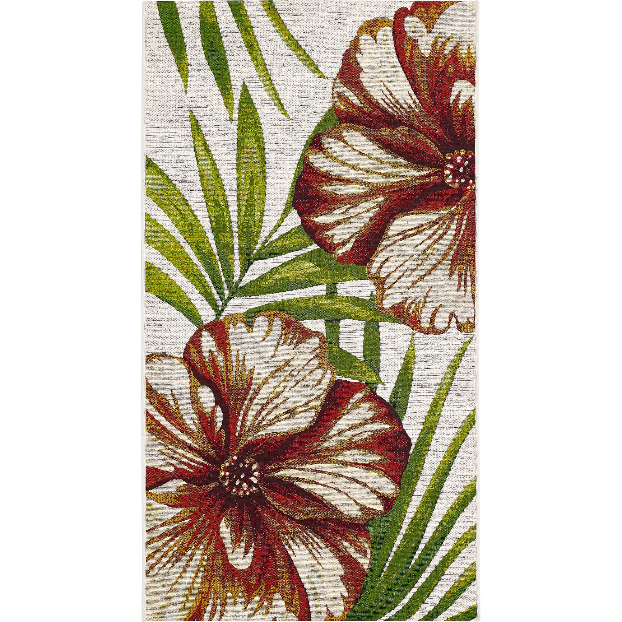 Teppich Pablo mit rotem Blumenmuster und grünen Palmwedeln