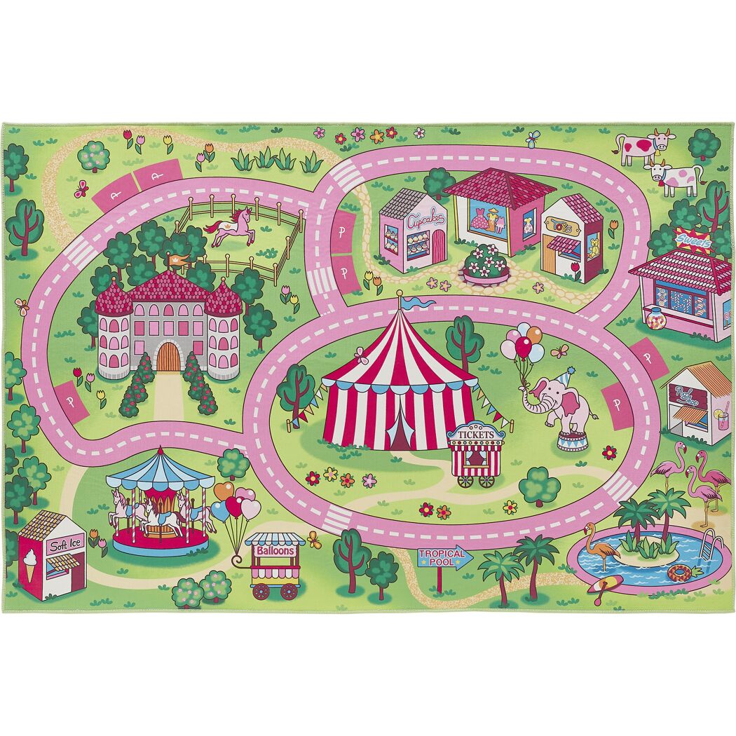 Spielteppich mit Straßen, Geschäften und Tieren