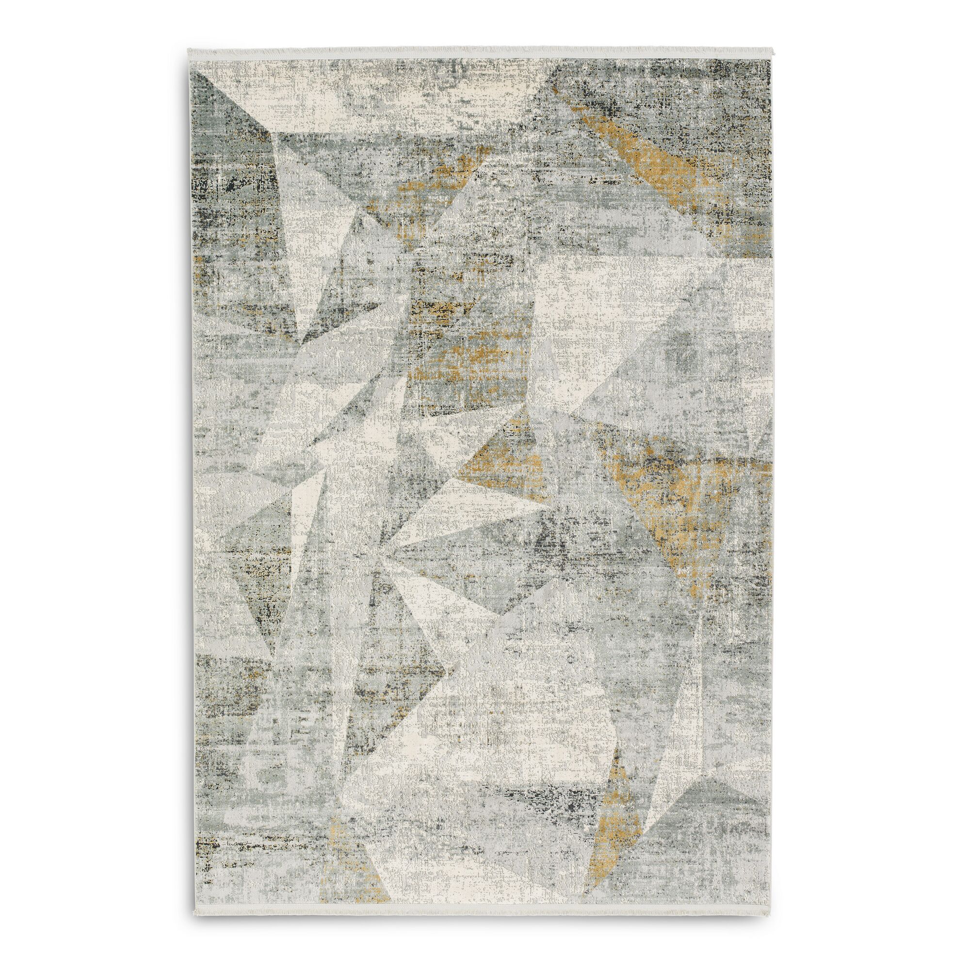 Grauer Teppich mit geometrischem Muster in Gelb