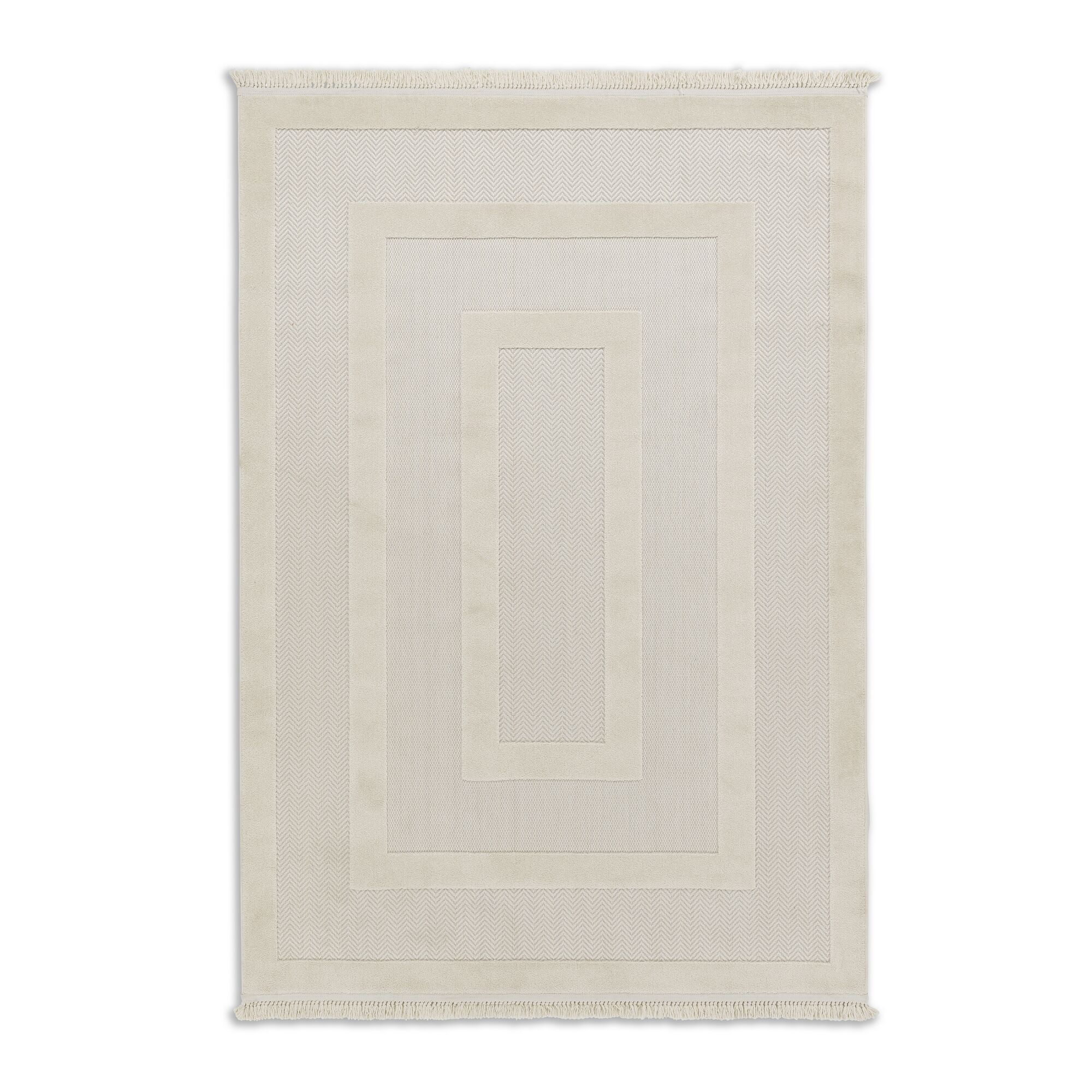 Beiger Teppich mit Fransen und geometrischem Muster.