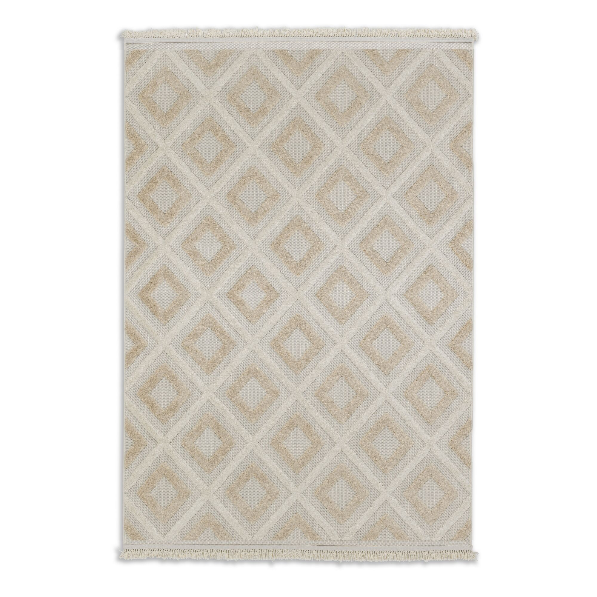 Beiger Teppich mit Rautenmuster und Fransen