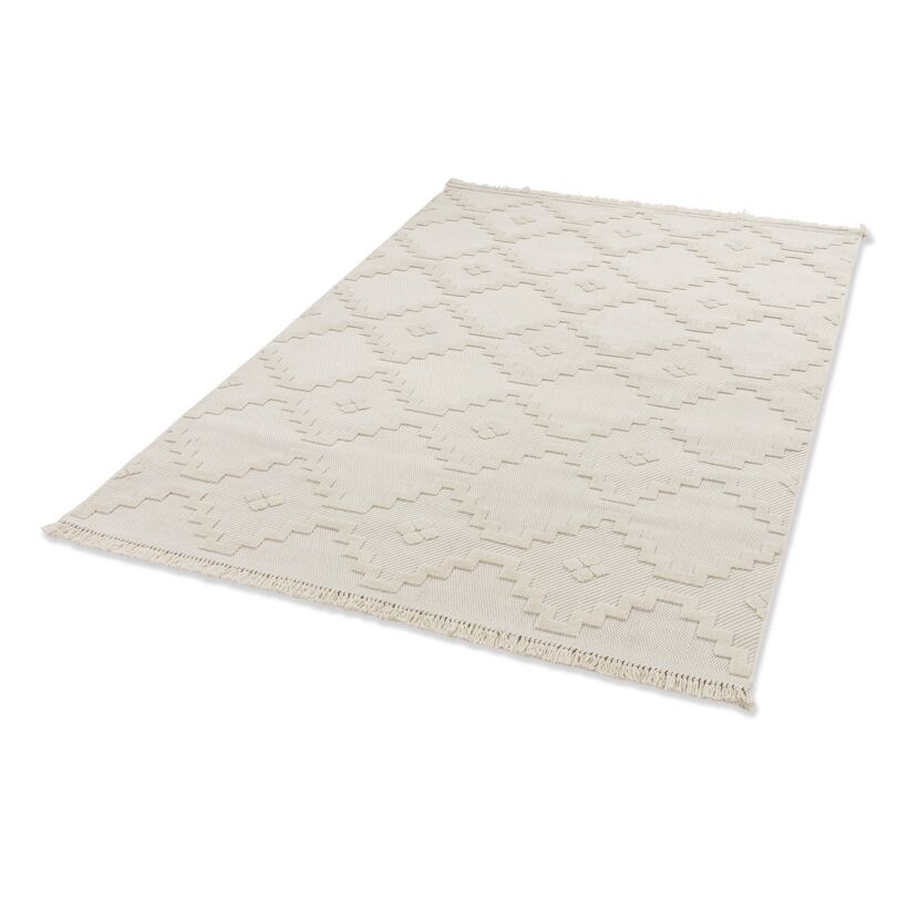 Beiger Teppich mit geometrischem Muster und Fransen