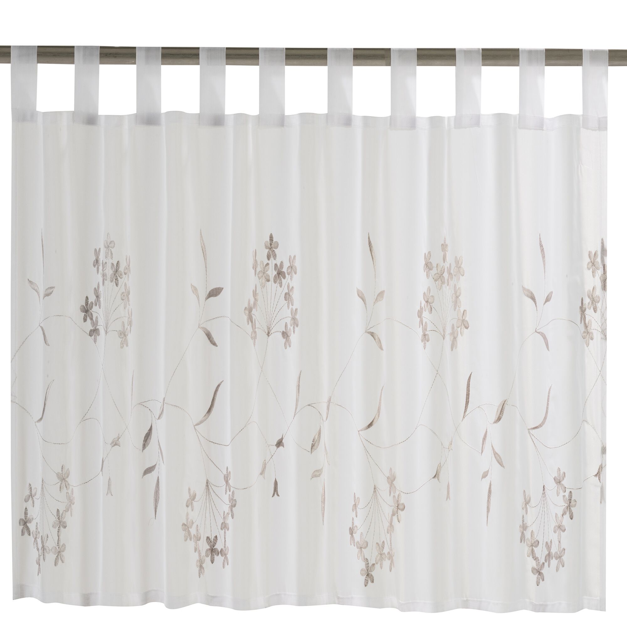 Weiße Bistrogardine "Cappellini" mit braunem Blumenmuster