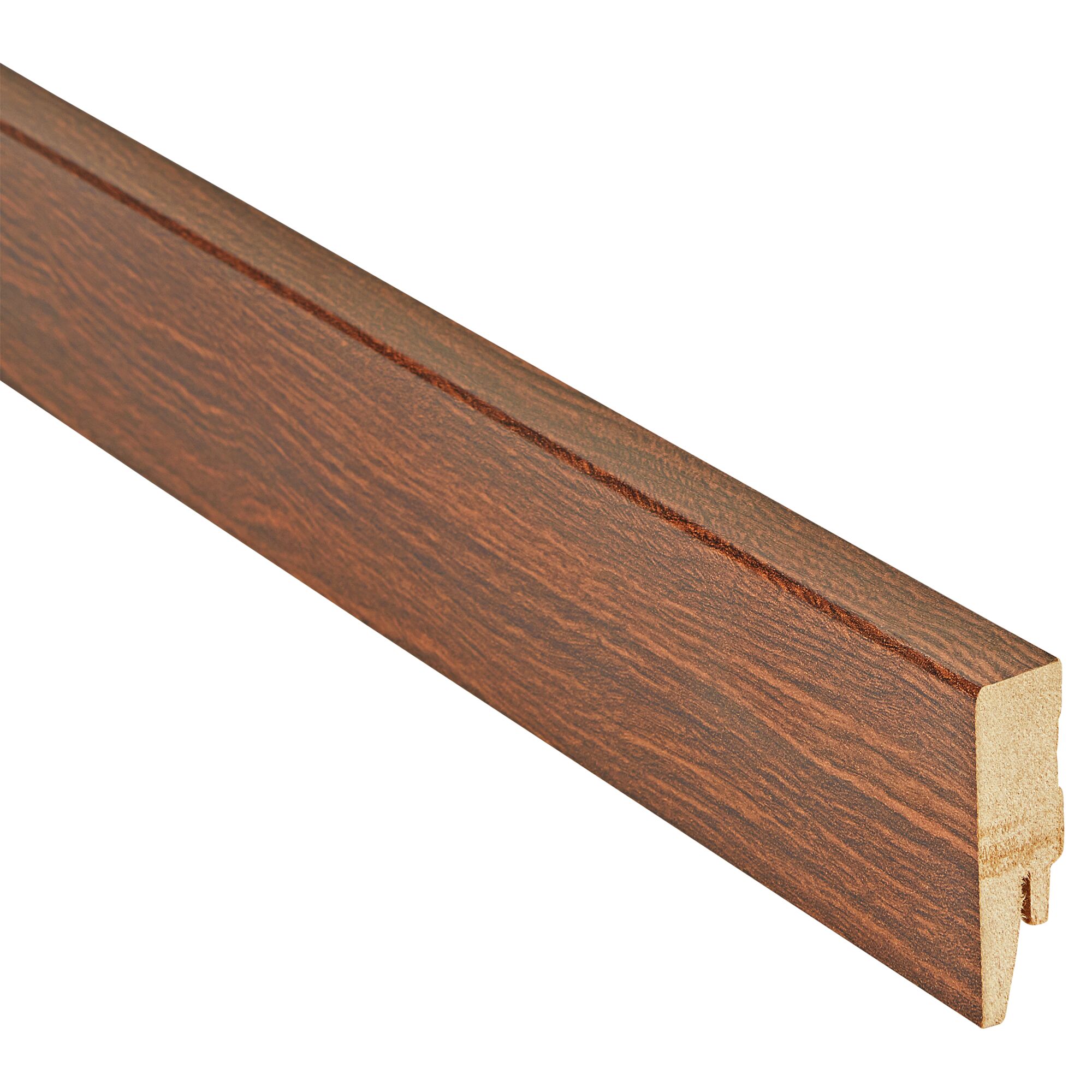 Braune Sockelleiste aus Holzimitat.