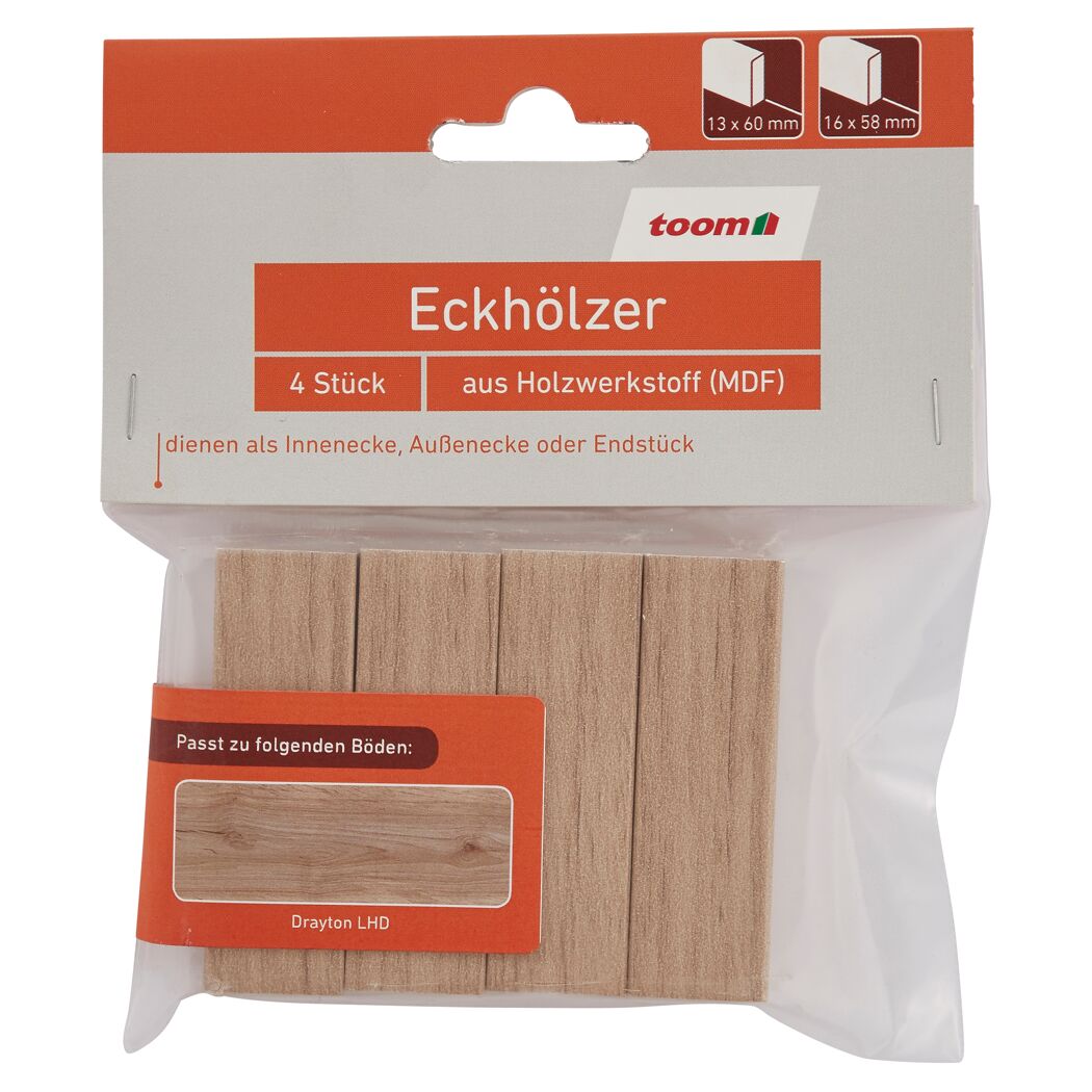 Vier Eckhölzer aus MDF in einer Verpackung