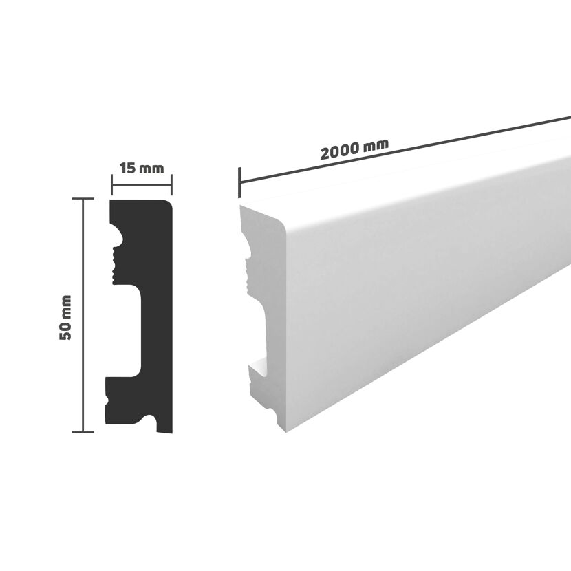 Weiße Leiste mit den Maßen 15 x 50 x 2000 mm