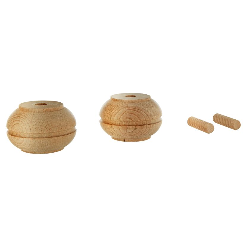 Zwei Buchenholz-Kugelfüße und zwei Holzdübel