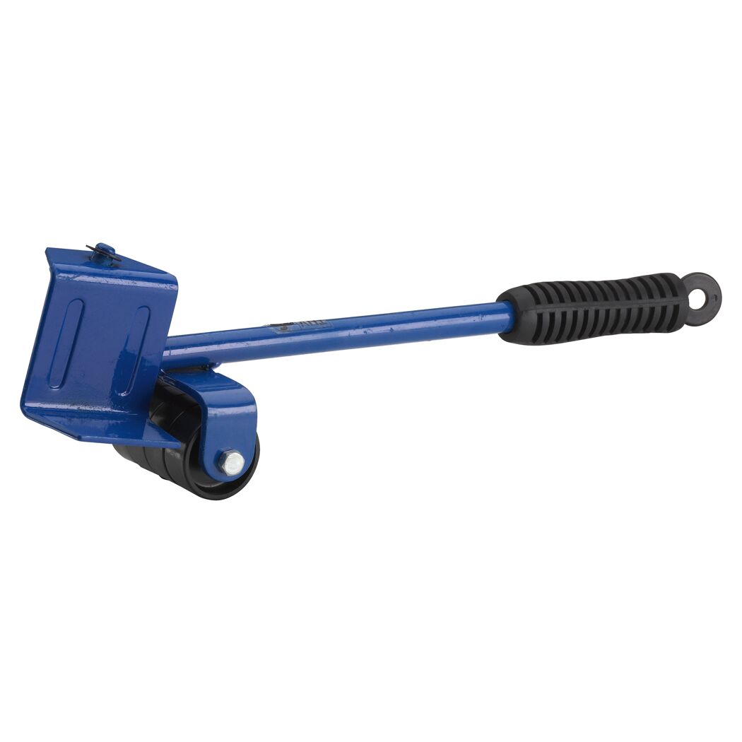 Blauer Möbellifter mit schwarzen Rollen und Griff.