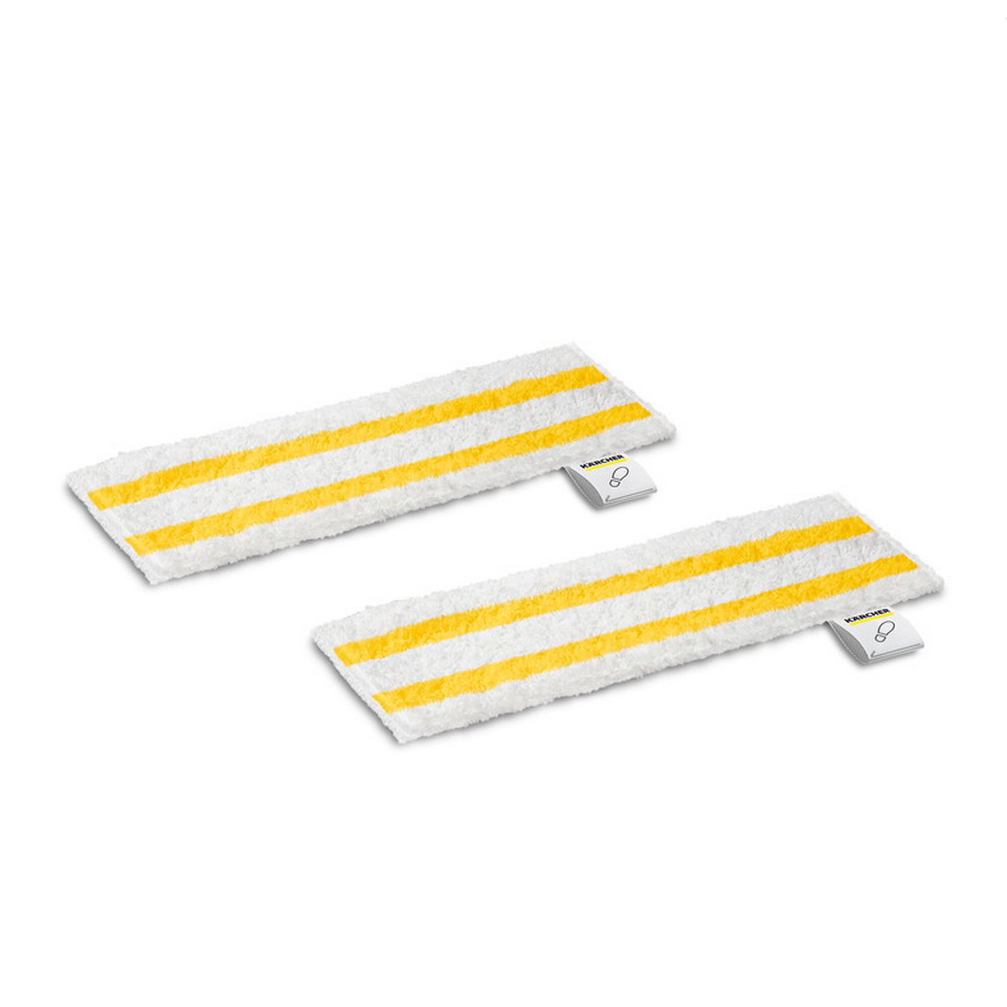 Zwei weiße Mikrofasertücher mit gelben Streifen